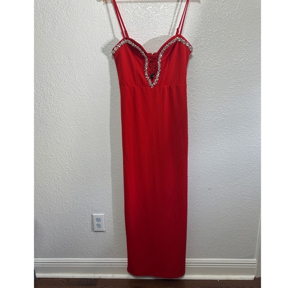 NWT Lulus Embellished V Neck Spaghetti Strap Red Formal Rhinestone Size L - Picture 3 of 12